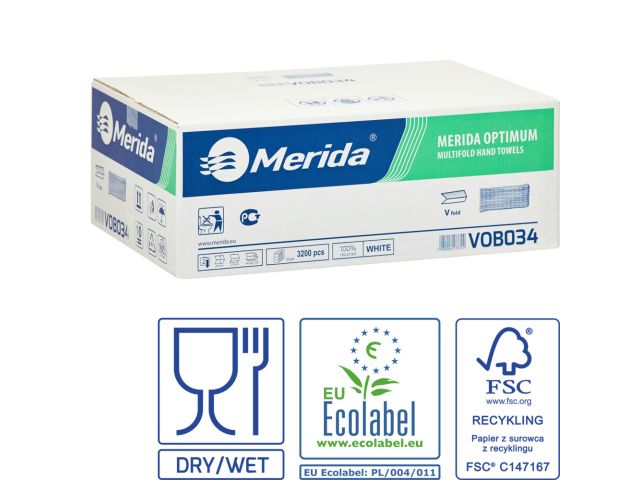 Ręczniki papierowe MERIDA OPTIMUM, białe, dwuwarstwowe, 3200 szt., ECOLABEL